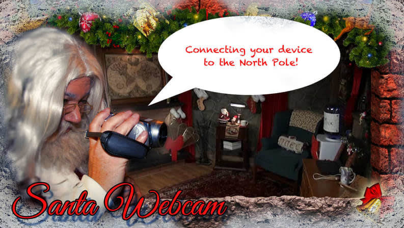 image for the Santa cam 2026 - watch Santa Claus, Mrs. Claus, elves and reindeer live at the North Pole on the Santa webcam