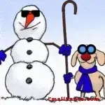 a snowblind snowman and his dog
