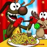 Silly reindeer eating spaghetti