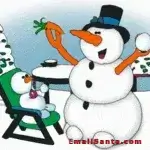 a mommy snowwoman holding a baby carrot